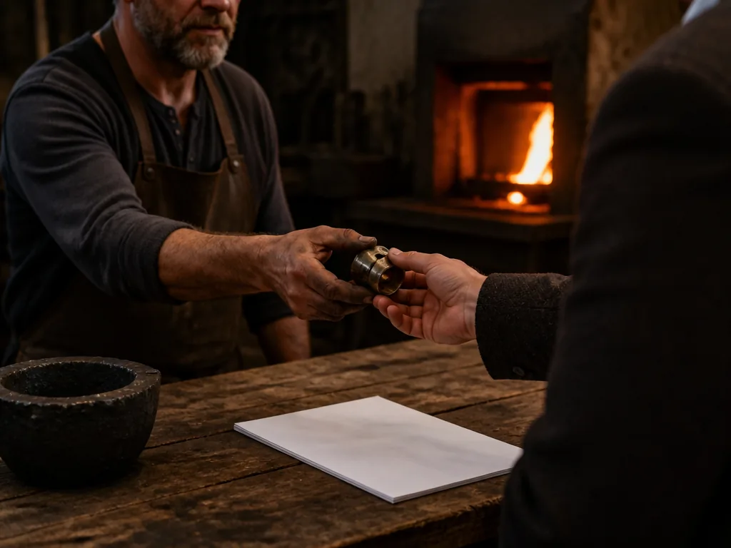 Photorealistic editorial photograph of a foundry worker handing a freshly cast bronze sample to a client, hands meeting 