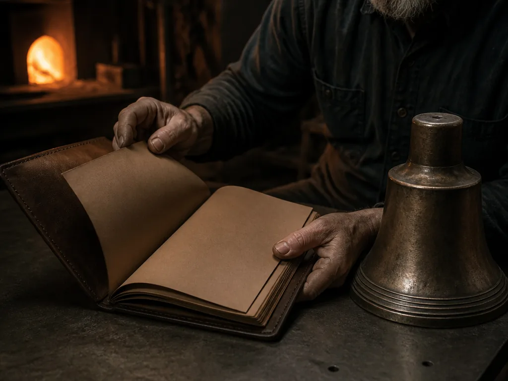 Photorealistic editorial photograph of a founder's weathered hands flipping through a blank leather-bound price list on 