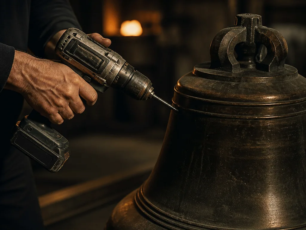 Photorealistic editorial photograph of a worker's hands gripping a cordless drill with bare metal casing, poised over a 
