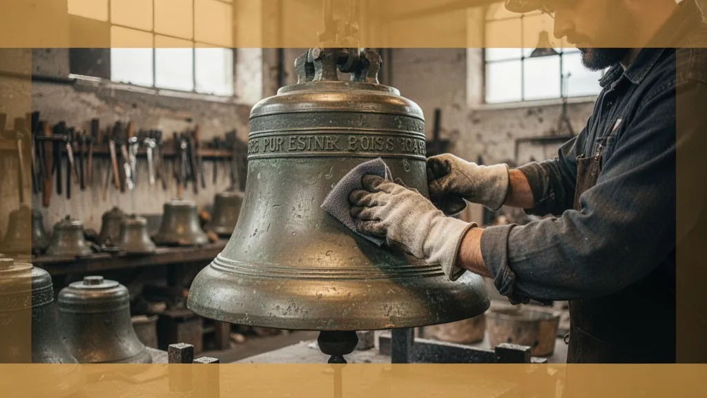 Un artisan polit une cloche en bronze dans un atelier de fonderie ancien