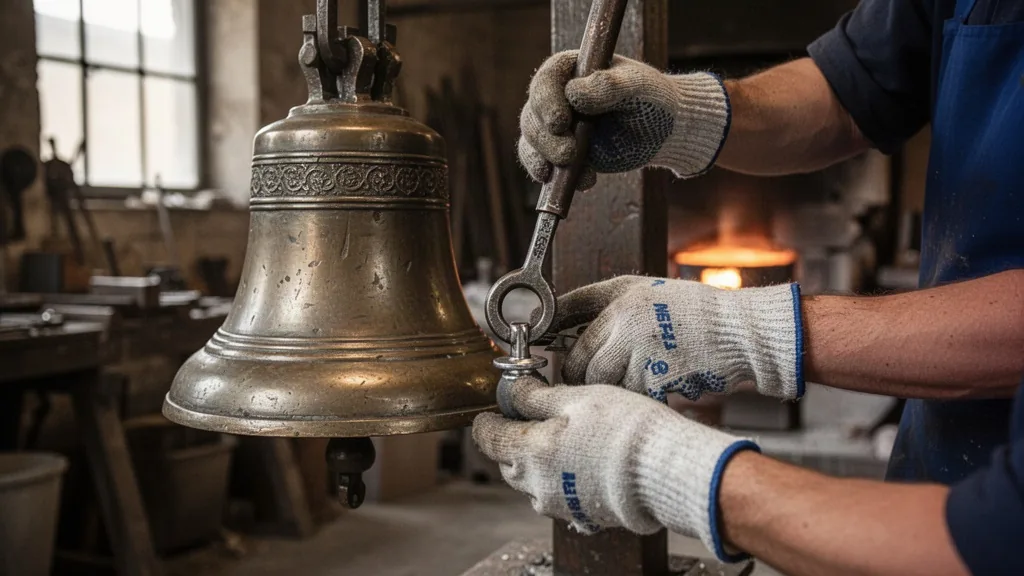 Artisan ajustant le battant d'une cloche dans l'atelier de la fonderie Bollée