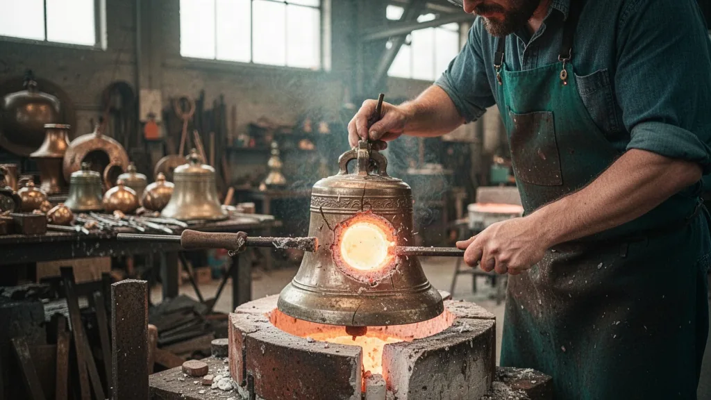 L'artisan démontre la fonte d'une cloche, illustrant son métier au travail