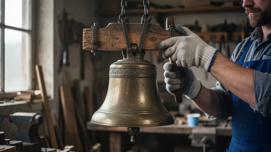 Artisan ajustant le joug en bois d'une cloche en bronze, savoir-faire campanaire à l'œuvre