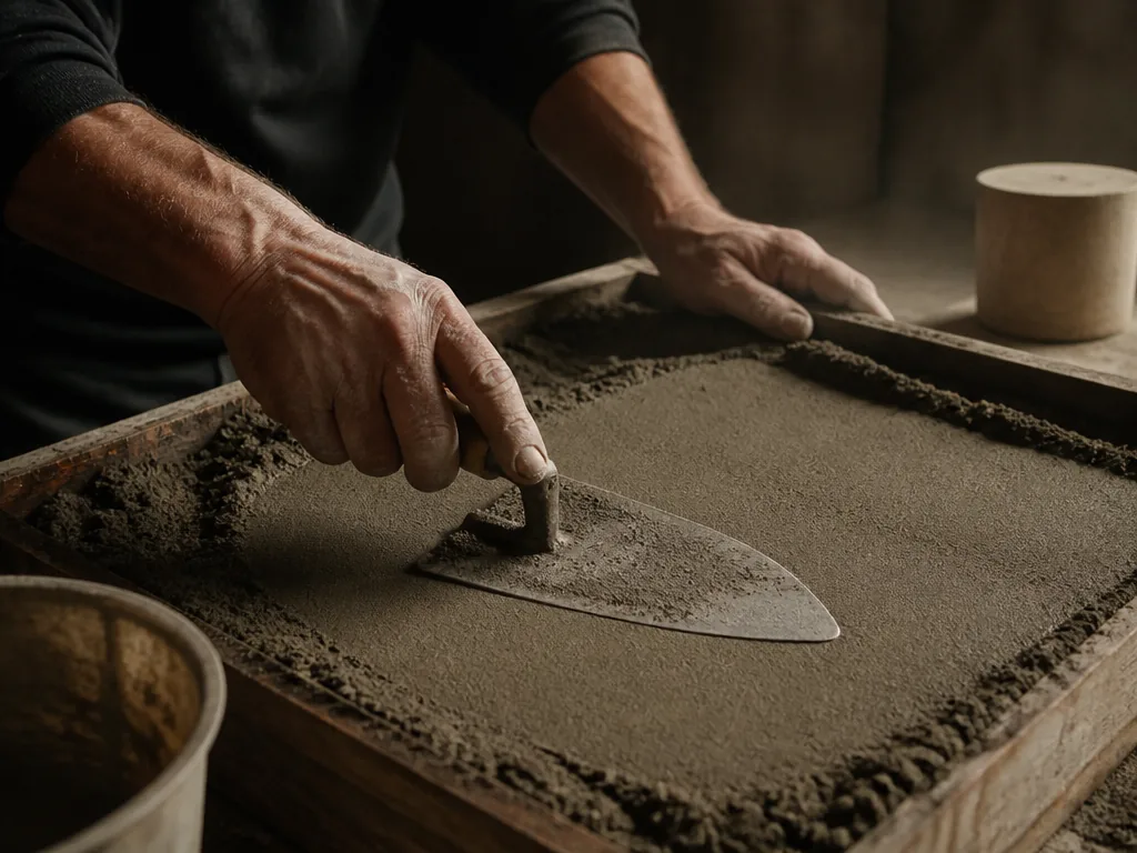 Photorealistic editorial photograph of a craftsman's hands leveling a precise sand-cement mix in a shallow wooden form, 