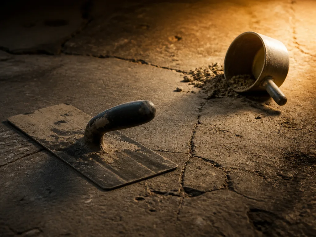 Photorealistic editorial photograph of a close-up of a cracked, uneven chape surface with a misaligned trowel abandoned 